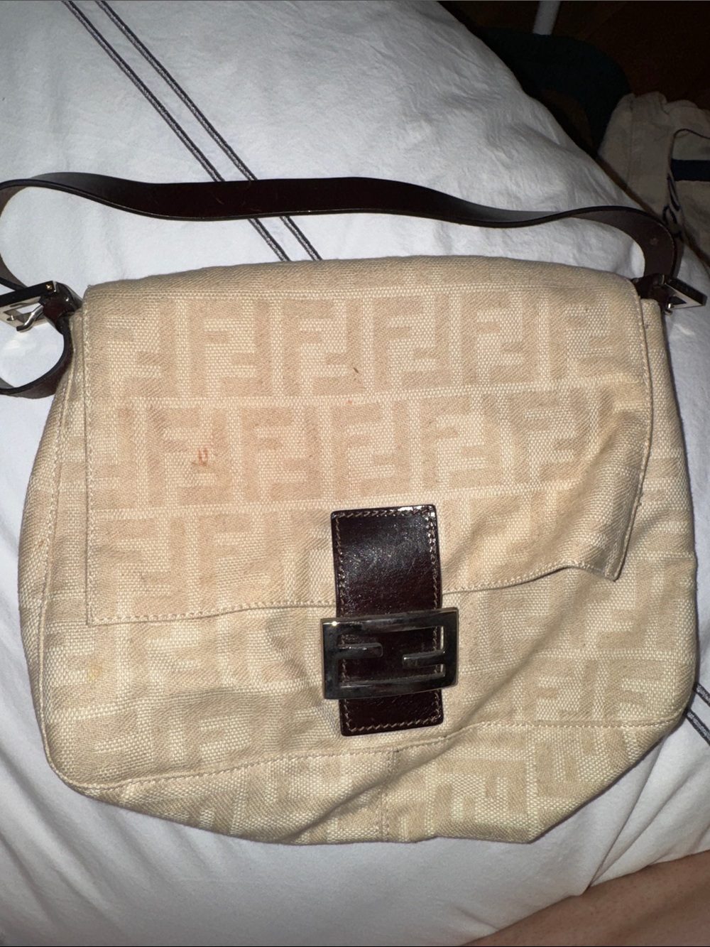 Fendi Beige Zucca Monogram Shoulder Bag with Brown Leather Trim